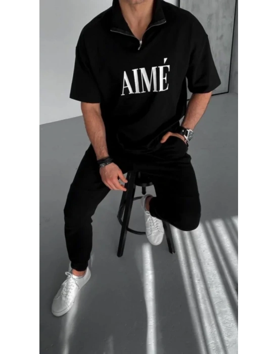 Unisex Yarım Fermuarlı Baskılı T-Shirt - Siyah