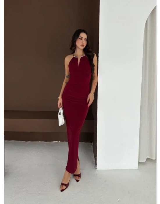 Uzun Abiye Elbise Yırtmaçlı Sırt Dekolteli Şık Gece Elbisesi - Bordo