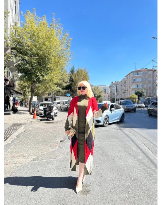 Uzun hırka içi elbise ikili triko takım ekose baklava desen haki kırmızı