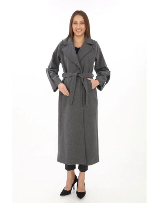 Uzun Kaşe Kaban – Yünlü Dokuma Kaşmir Kumaş, Kruvaze Yaka, Kuşaklı Astarlı Tesettür Uyumlu Şık Kışlık Siyah Model - Füme