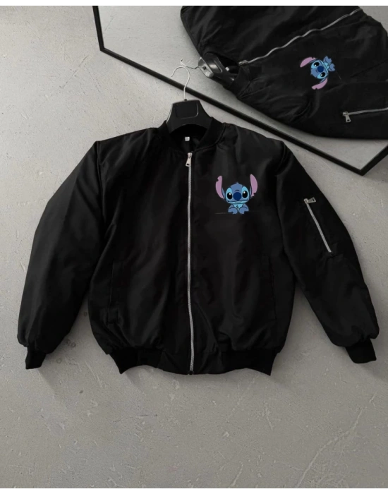 Uzun Kol Astarlı Tam Kalıp Baskılı Bomber Ceket - Siyah