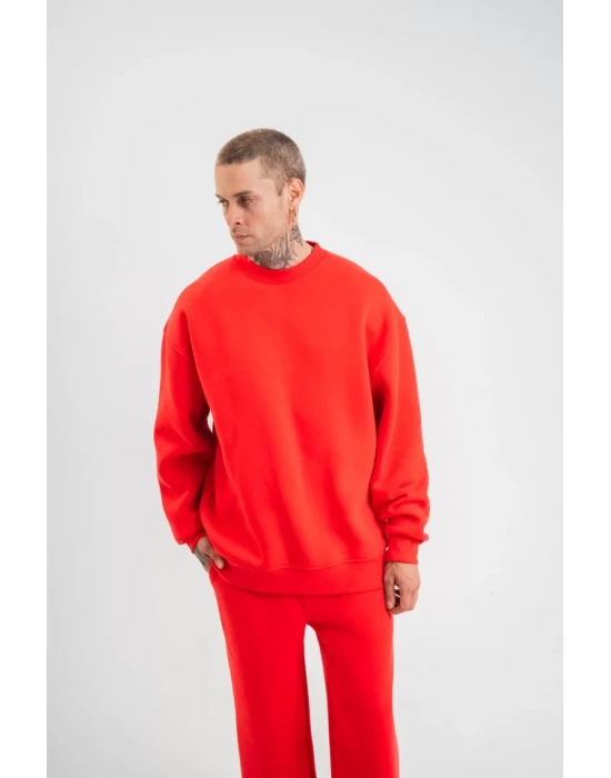 Uzun Kol Bisiklet Yaka Basic SweatShirt - Kırmızı