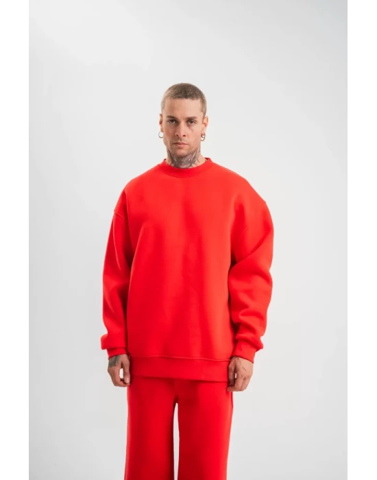 Uzun Kol Bisiklet Yaka Basic SweatShirt - Kırmızı