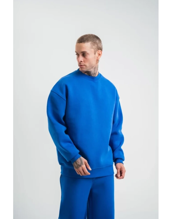 Uzun Kol Bisiklet Yaka Basic SweatShirt - Mavi