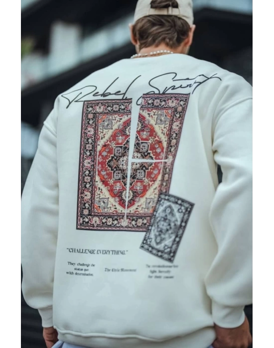Uzun Kol Bisiklet Yaka Baskılı SweatShirt - Beyaz