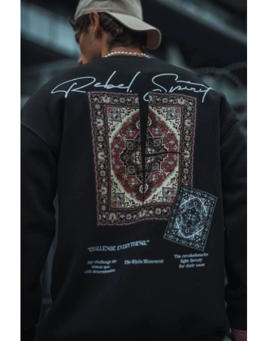 Uzun Kol Bisiklet Yaka Baskılı SweatShirt - Siyah