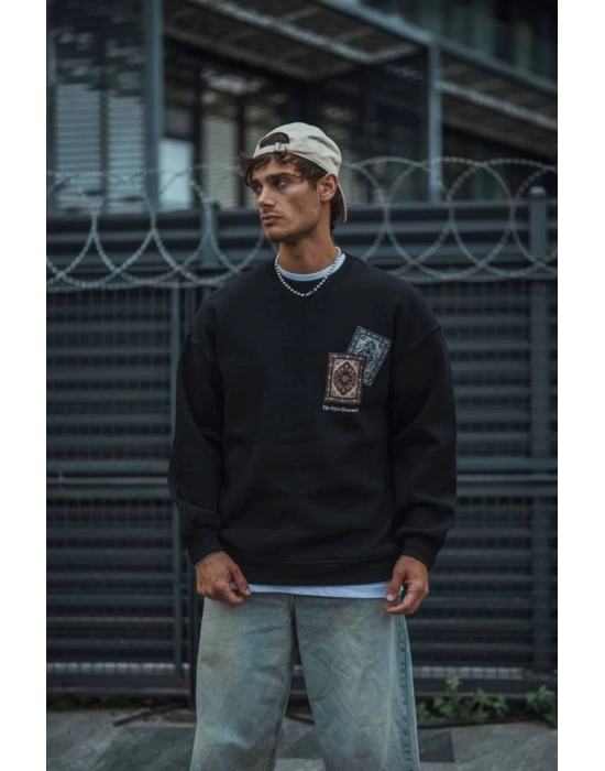 Uzun Kol Bisiklet Yaka Baskılı SweatShirt - Siyah