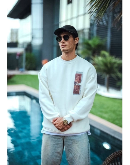 Uzun Kol Bisiklet Yaka Ön Ve Arka Baskılı SweatShirt - Beyaz