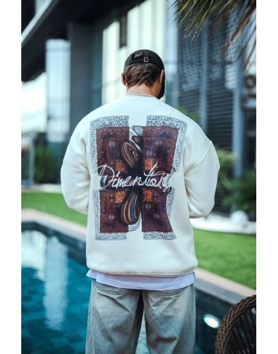 Uzun Kol Bisiklet Yaka Ön Ve Arka Baskılı SweatShirt - Beyaz