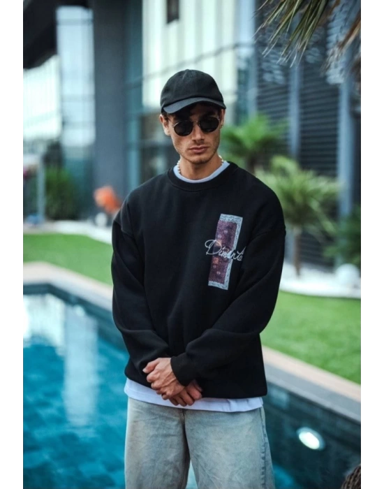 Uzun Kol Bisiklet Yaka Ön Ve Arka Baskılı SweatShirt - Siyah
