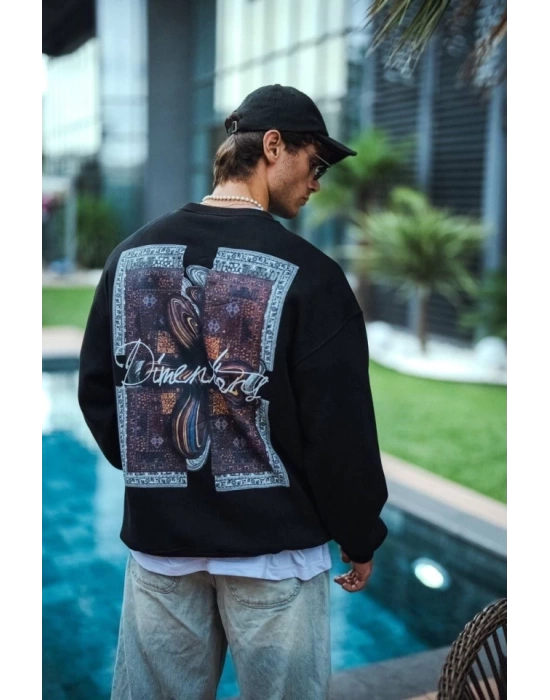 Uzun Kol Bisiklet Yaka Ön Ve Arka Baskılı SweatShirt - Siyah