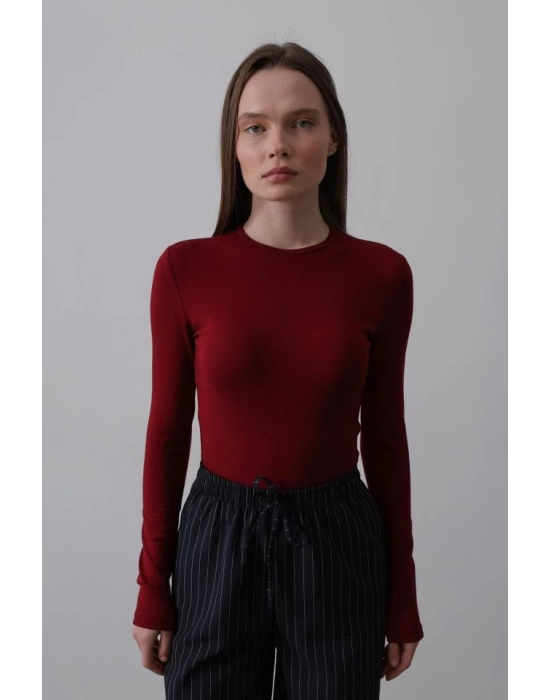 Uzun Kol Crop Top - Bordo