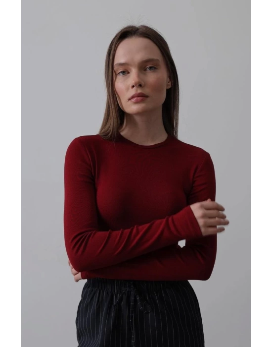 Uzun Kol Crop Top - Bordo