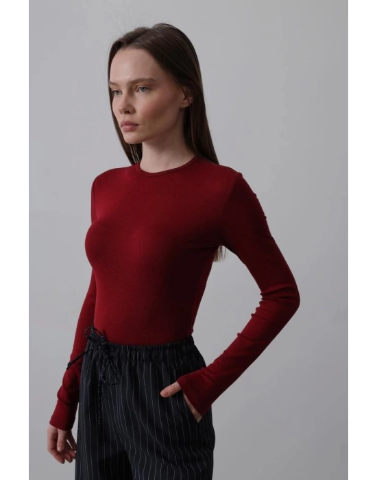 Uzun Kol Crop Top - Bordo