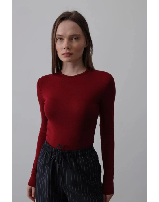 Uzun Kol Crop Top - Bordo