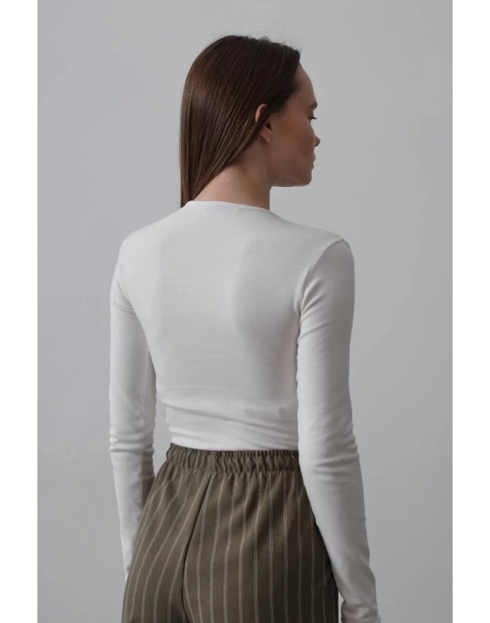 Uzun Kol Crop Top - Ekru