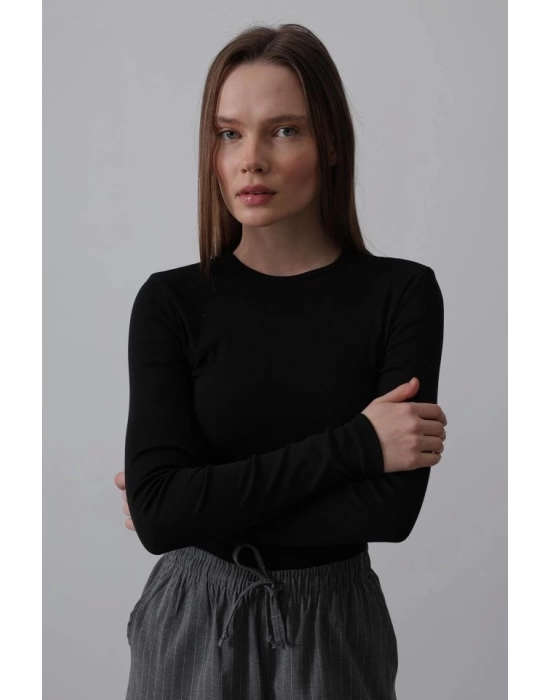 Uzun Kol Crop Top - Siyah