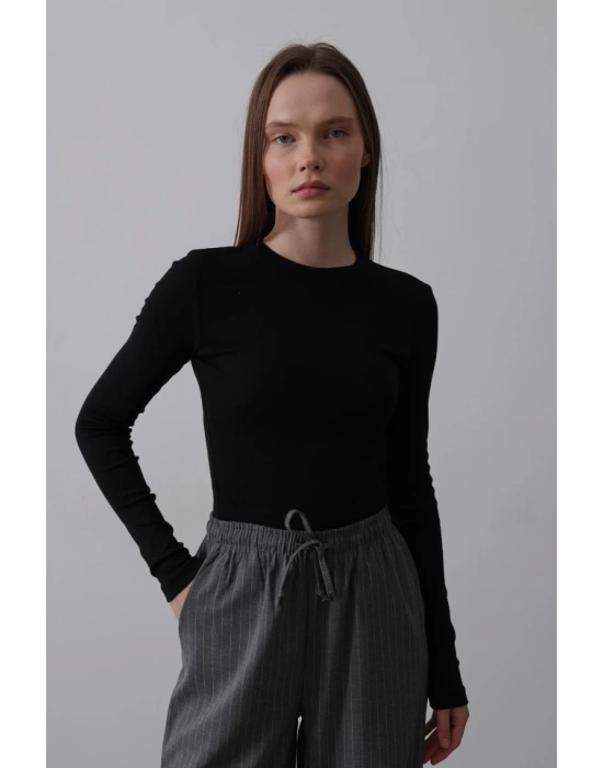 Uzun Kol Crop Top - Siyah
