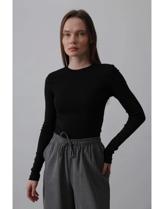 Uzun Kol Crop Top - Siyah