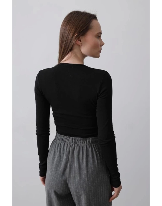 Uzun Kol Crop Top - Siyah