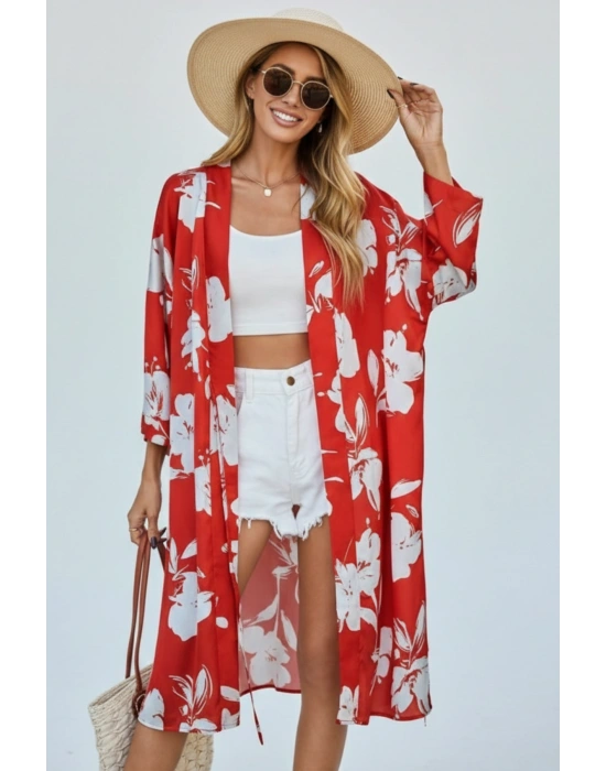 Uzun Kol Desenli Belden Bağlamalı Rahat Kalıp Uzun Saten Kimono