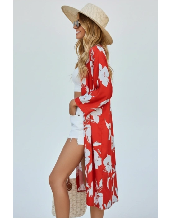 Uzun Kol Desenli Belden Bağlamalı Rahat Kalıp Uzun Saten Kimono