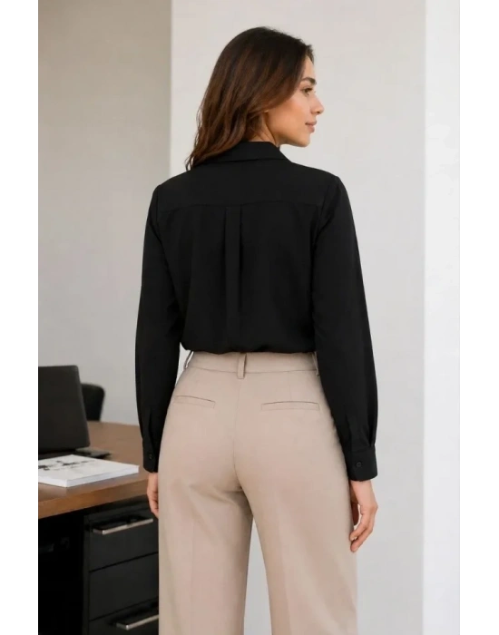 Uzun Kol Gömlek Düğmeli Klasik Yaka Günlük Ve Ofis Şıklığına Uygun - Siyah