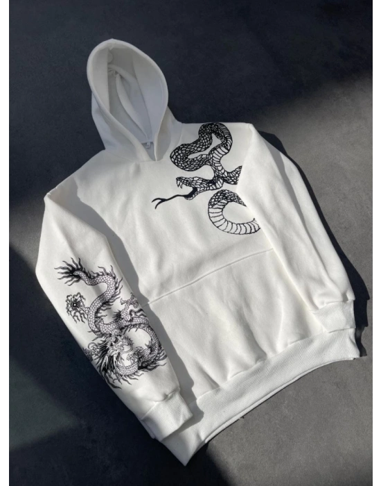 Uzun Kol Kapşonlu Baskılı SweatShirt - Beyaz