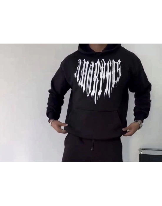 Uzun Kol Kapşonlu Baskılı SweatShirt - Siyah