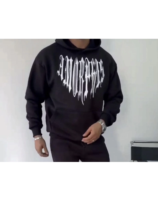 Uzun Kol Kapşonlu Baskılı SweatShirt - Siyah