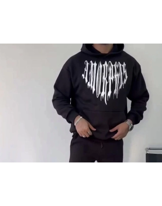 Uzun Kol Kapşonlu Baskılı SweatShirt - Siyah