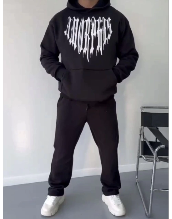 Uzun Kol Kapşonlu Baskılı SweatShirt - Siyah