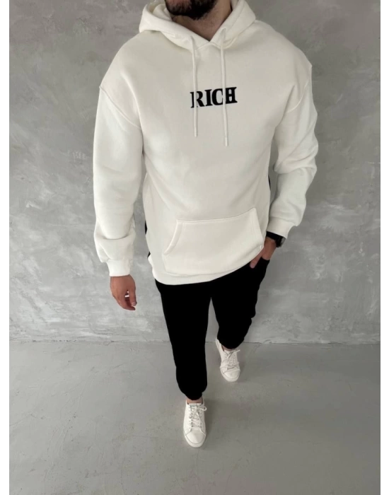 Uzun Kol Kapşonlu Göğüs Baskılı SweatShirt - Beyaz