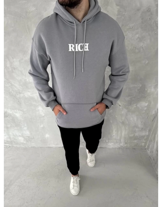 Uzun Kol Kapşonlu Göğüs Baskılı SweatShirt - Gri
