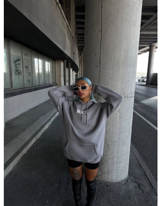 Uzun Kol Kapşonlu Göğüs Baskılı SweatShirt - Gri