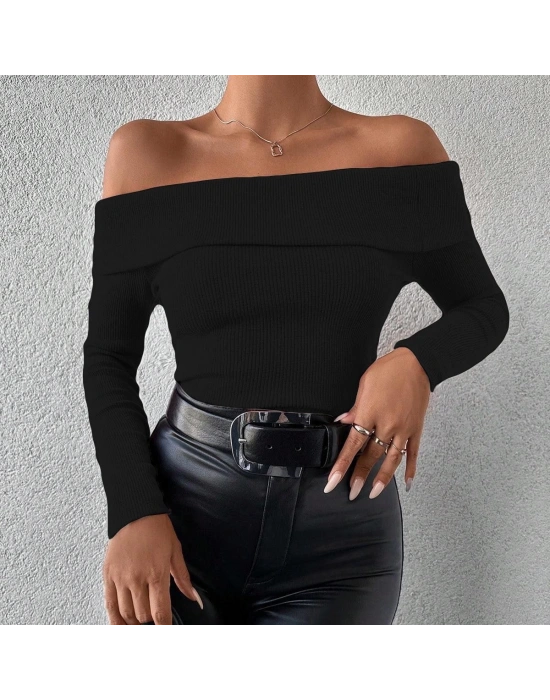 Uzun kol madonna yaka bluz siyah