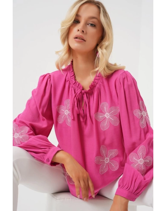 Uzun Kol Nakışlı Örme Bluz 951 - Pembe