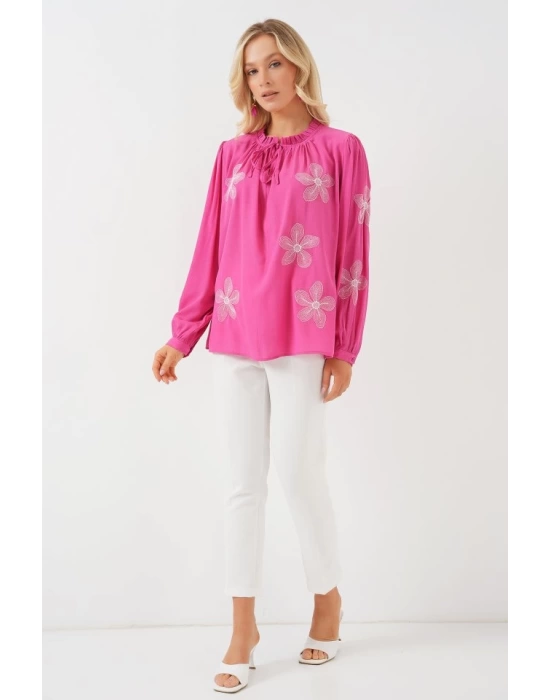 Uzun Kol Nakışlı Örme Bluz 951 - Pembe