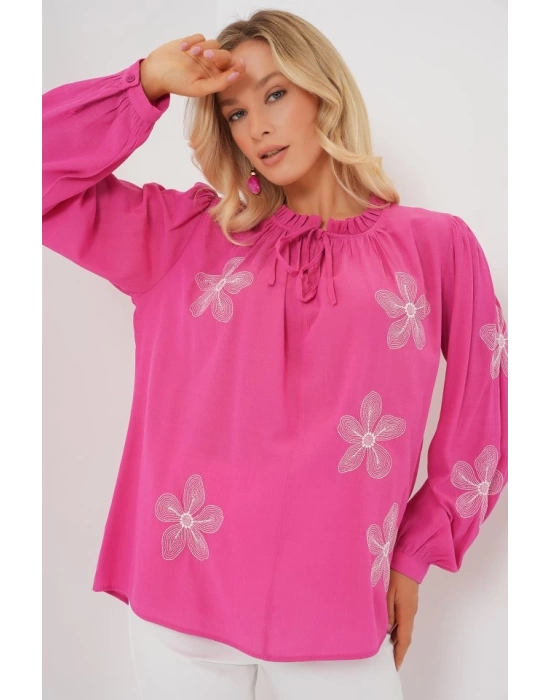 Uzun Kol Nakışlı Örme Bluz 951 - Pembe