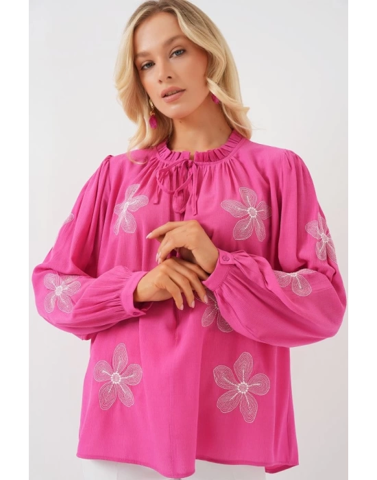 Uzun Kol Nakışlı Örme Bluz 951 - Pembe