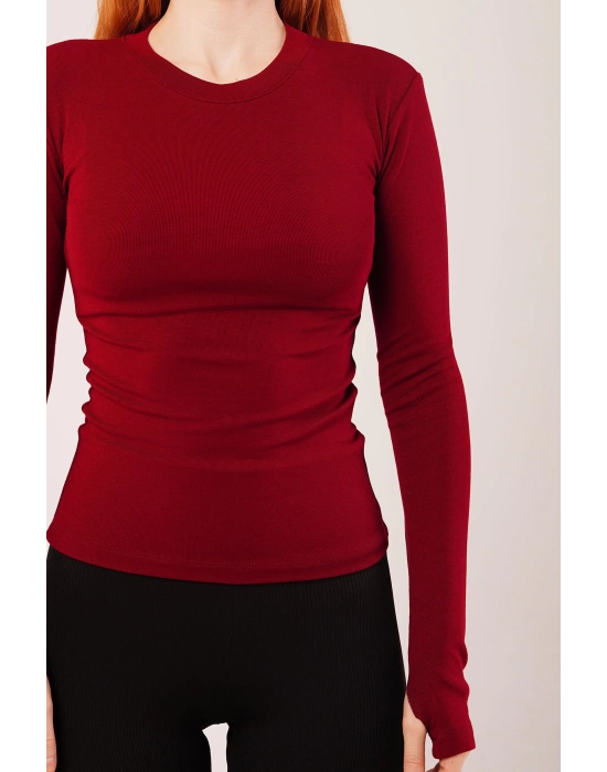 Uzun Kollu Basic Bordo Bluz