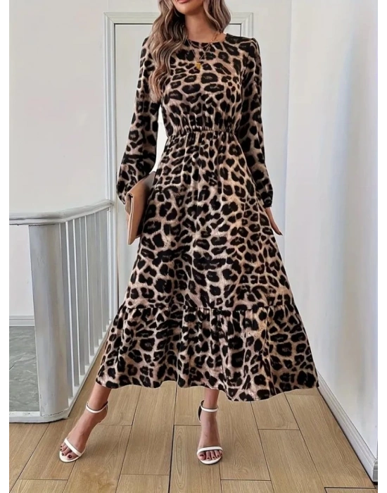 Uzun Kollu Bisiklet Yaka Leopar Desenli Midi Süprem Elbise