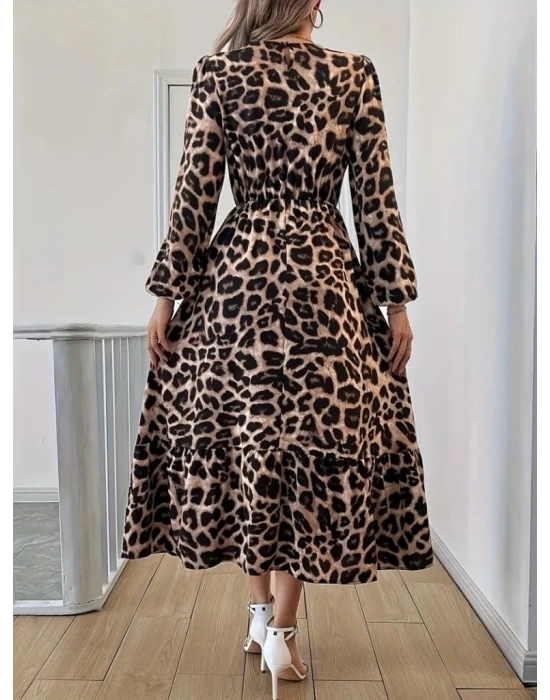 Uzun Kollu Bisiklet Yaka Leopar Desenli Midi Süprem Elbise
