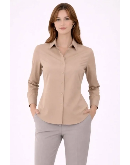 Uzun Kollu Gömlek Düğmeli Klasik Yaka Günlük Ve Ofis Şıklığına Uygun - Bej