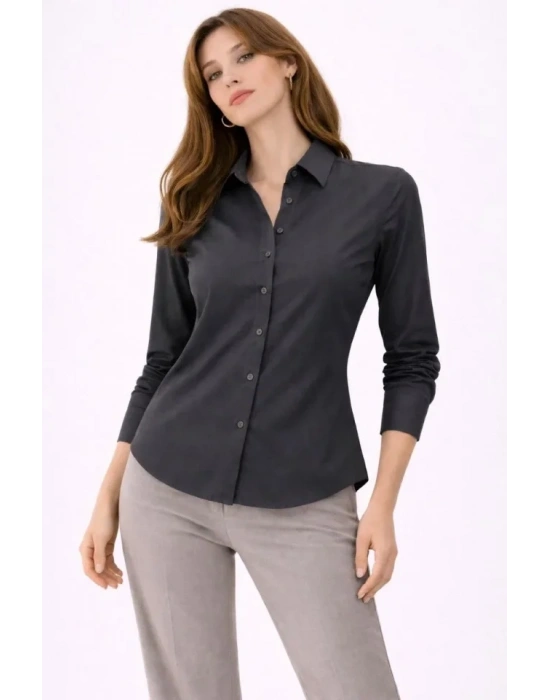 Uzun Kollu Gömlek Düğmeli Klasik Yaka Günlük Ve Ofis Şıklığına Uygun - Füme