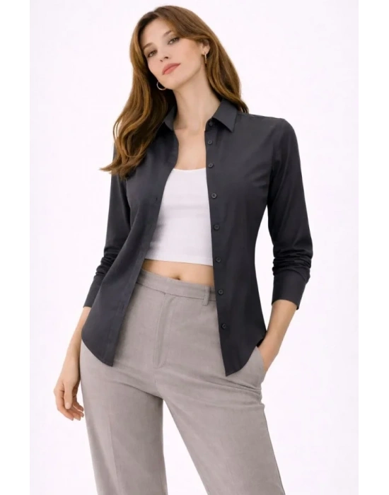 Uzun Kollu Gömlek Düğmeli Klasik Yaka Günlük Ve Ofis Şıklığına Uygun - Füme