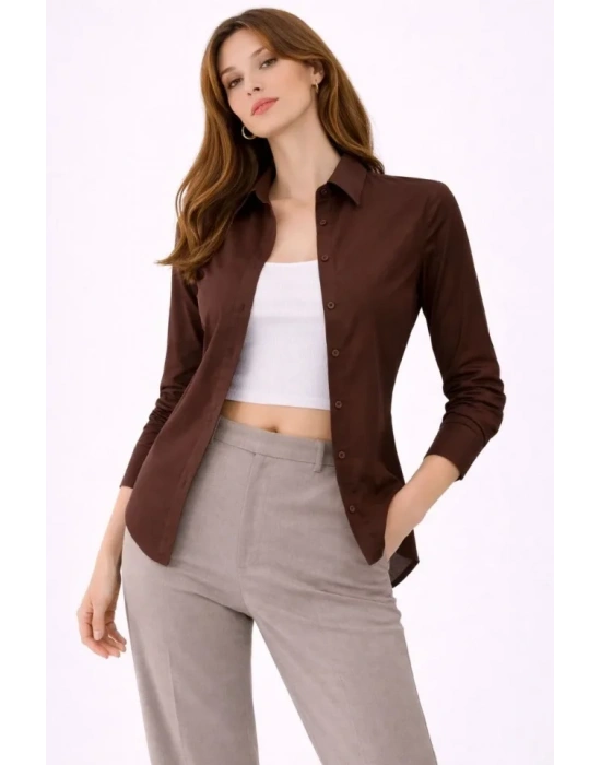 Uzun Kollu Gömlek Düğmeli Klasik Yaka Günlük Ve Ofis Şıklığına Uygun - Kahverengi