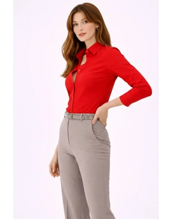 Uzun Kollu Gömlek Düğmeli Klasik Yaka Günlük Ve Ofis Şıklığına Uygun - Kırmızı