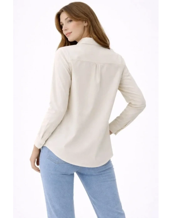 Uzun Kollu Gömlek Düğmeli Klasik Yaka Günlük Ve Ofis Şıklığına Uygun - Krem