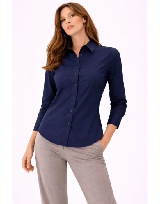 Uzun Kollu Gömlek Düğmeli Klasik Yaka Günlük Ve Ofis Şıklığına Uygun - Lacivert